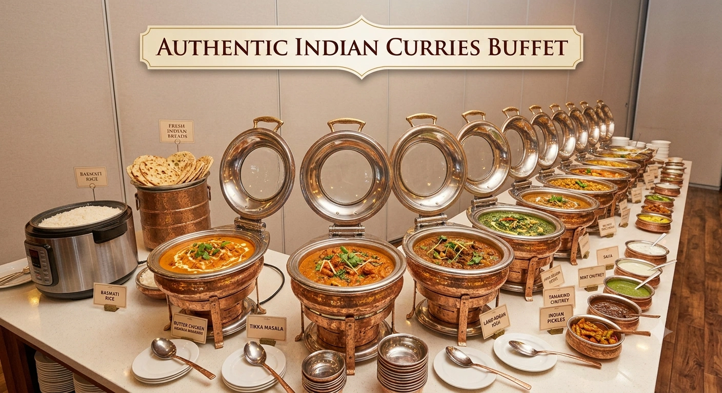 A buffet spread of Indian dishes laid out for guests at Raj's Corner