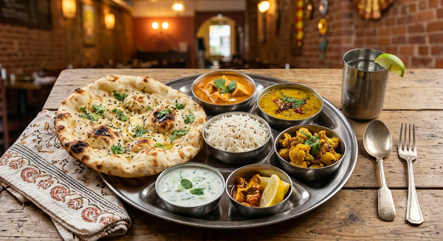 A thali of naan, curry, dal, rice, vegetables, raita and pickle at Raj's Corner