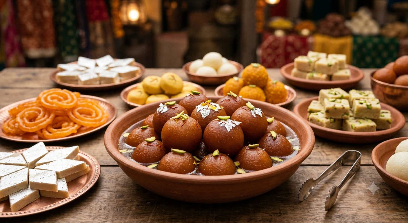 A platter of Indian sweets, including laddu, gulab jamun and barfi